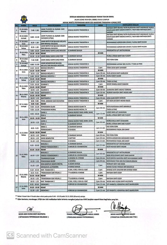 Jadual Peperiksaan Tingkatan 4