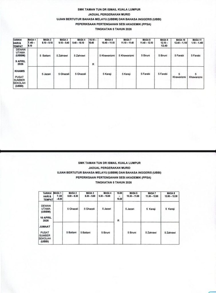 Jadual Peperiksaan Pertengahan Tahun 2026 Tingkatan 5